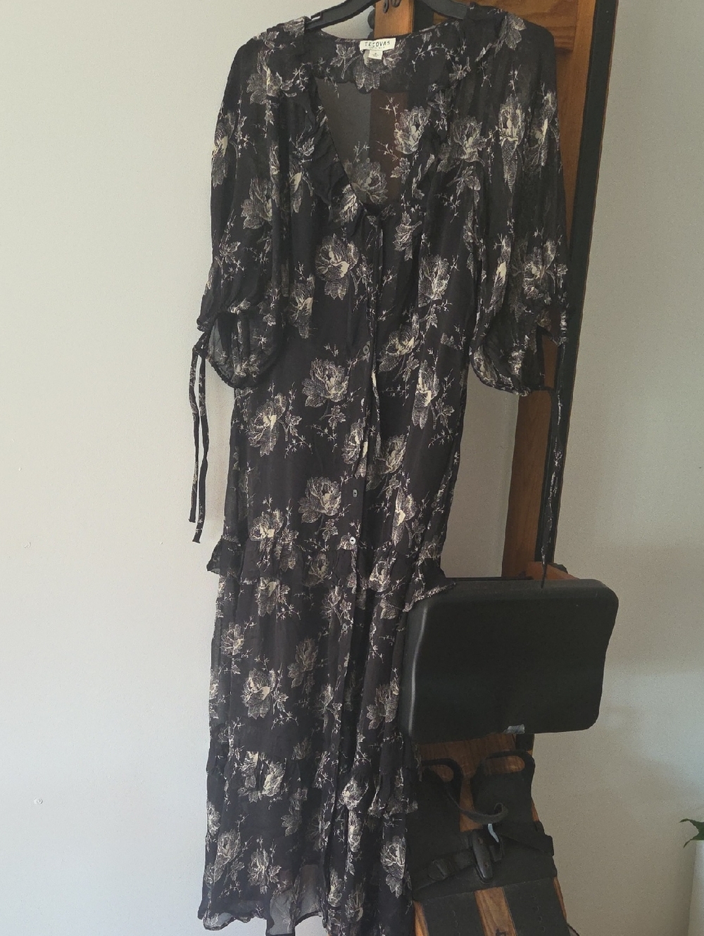 Tecovas Black Floral Maxi Dress with Cream Print